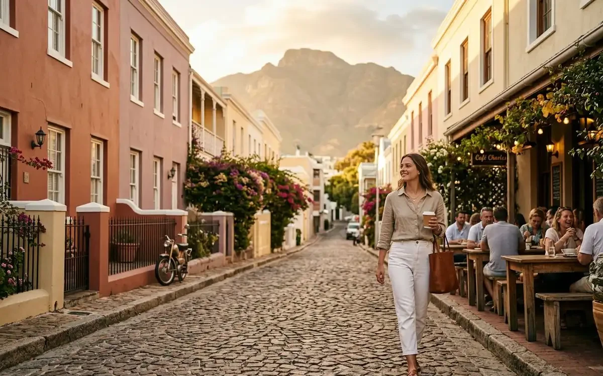 Pastel-coloured Georgian houses on a cobblestone street in De Waterkant with cafe terraces and warm light