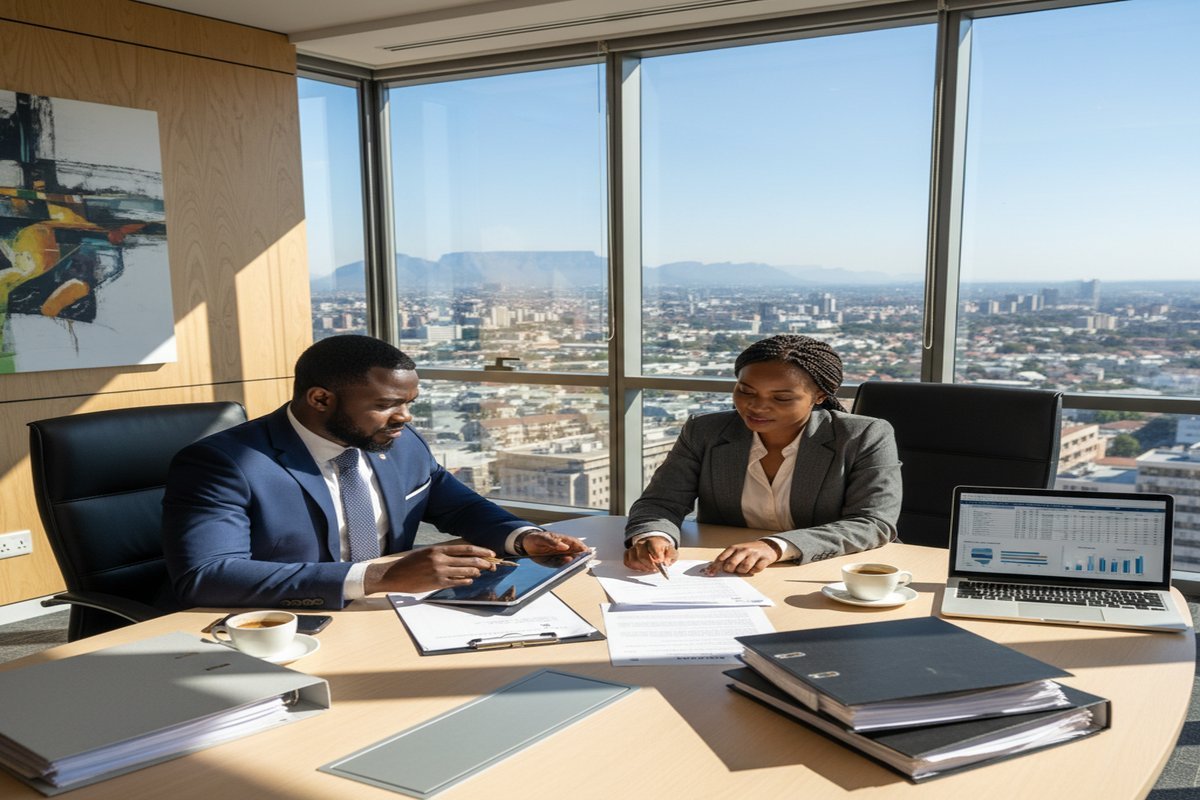 Two procurement specialists reviewing contracts and supplier data in a boardroom setting