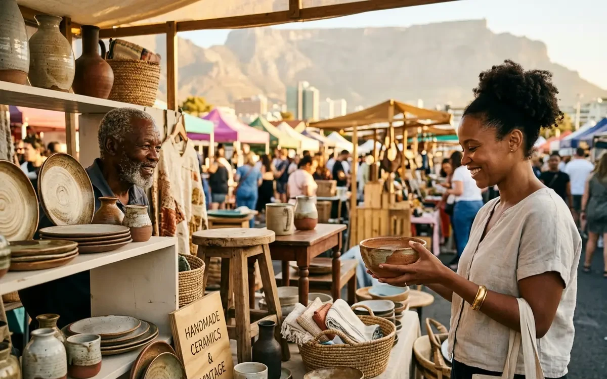 Handmade ceramics and vintage home decor displayed at a Cape Town artisan market stall